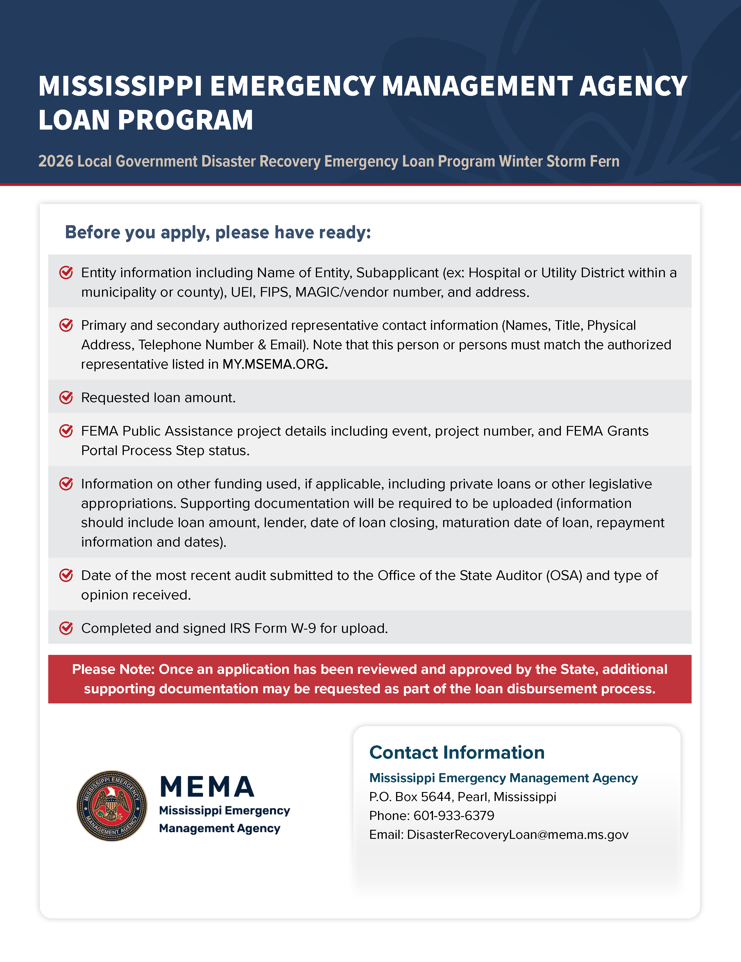 MEMA Loan Program Documents Needed